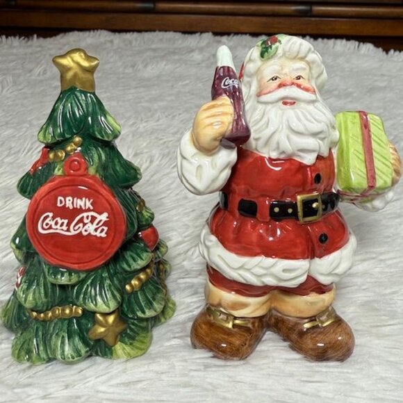 Vintage Coca-Cola Ceramic Santa and Christmas Tree Salt and Pepper Shakers Set - Picture 1 of 15